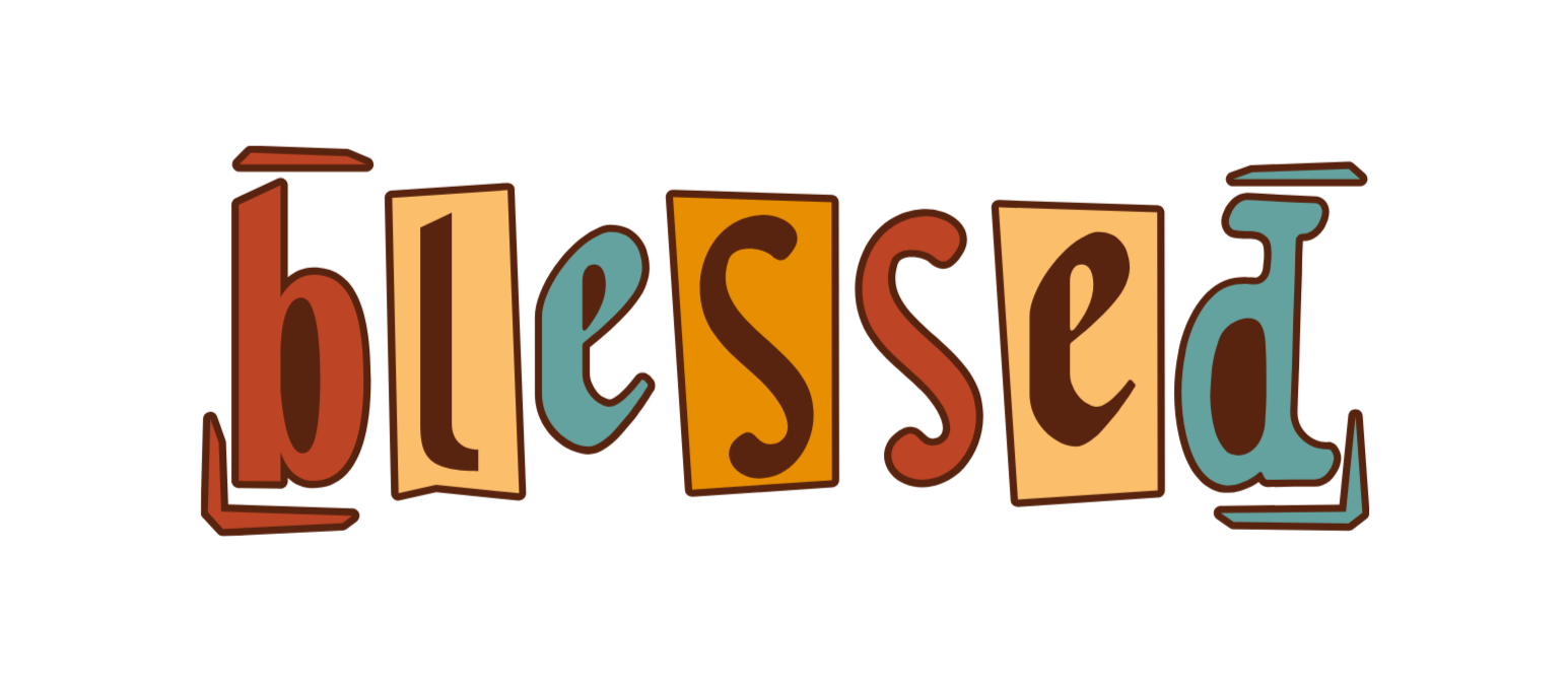 Colorful 'blessed' text on a white background
