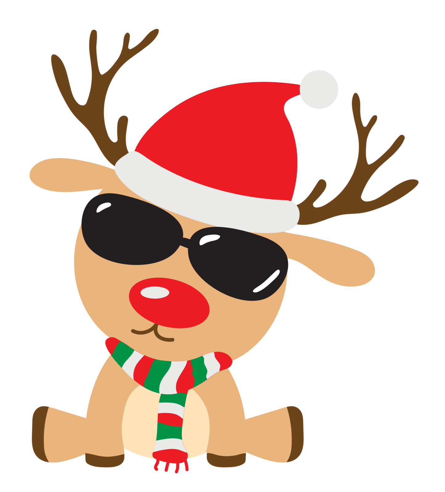 Cartoon reindeer wearing a Santa hat, sunglasses, and a scarf on a white background