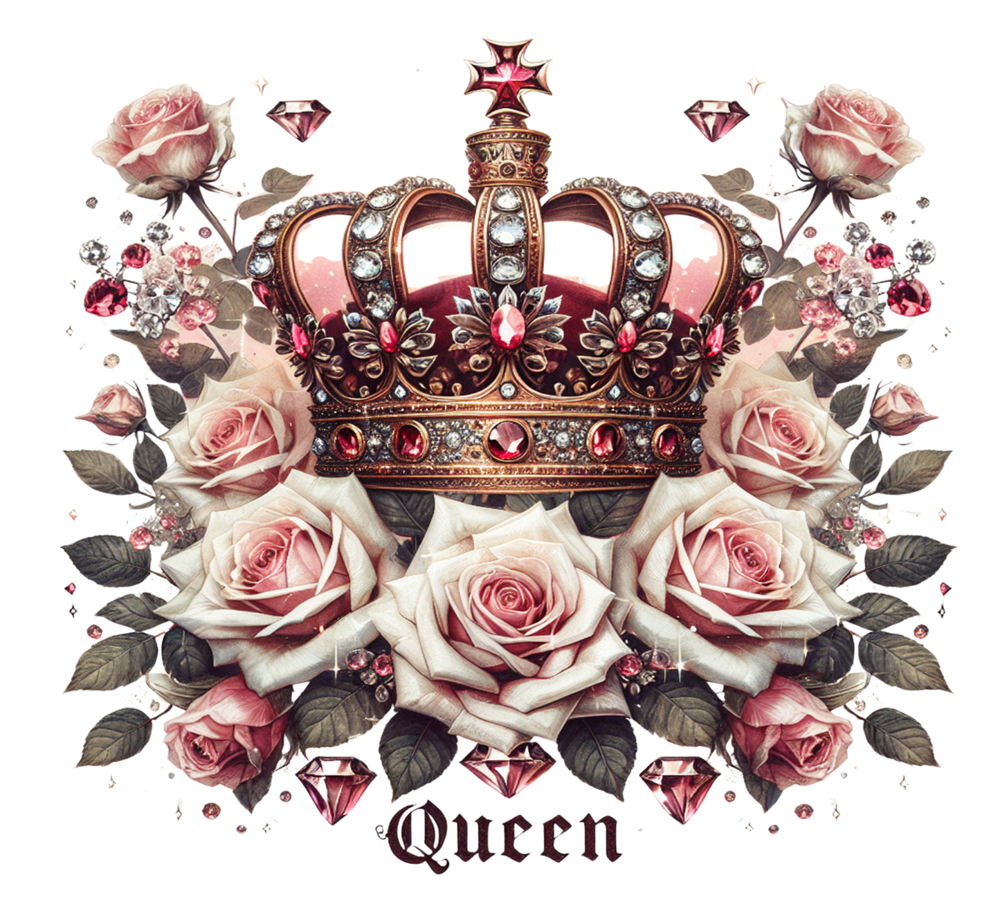 Decorative design with a crown and roses on a white background