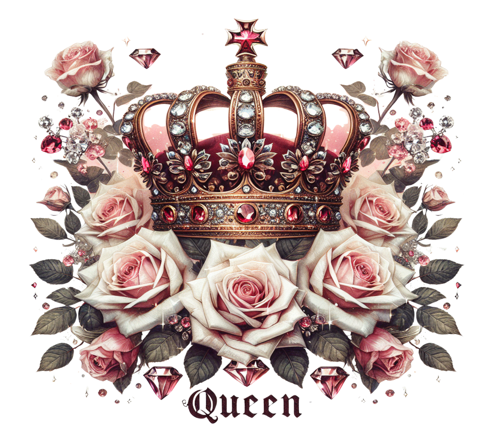 Decorative design with a crown and roses on a white background