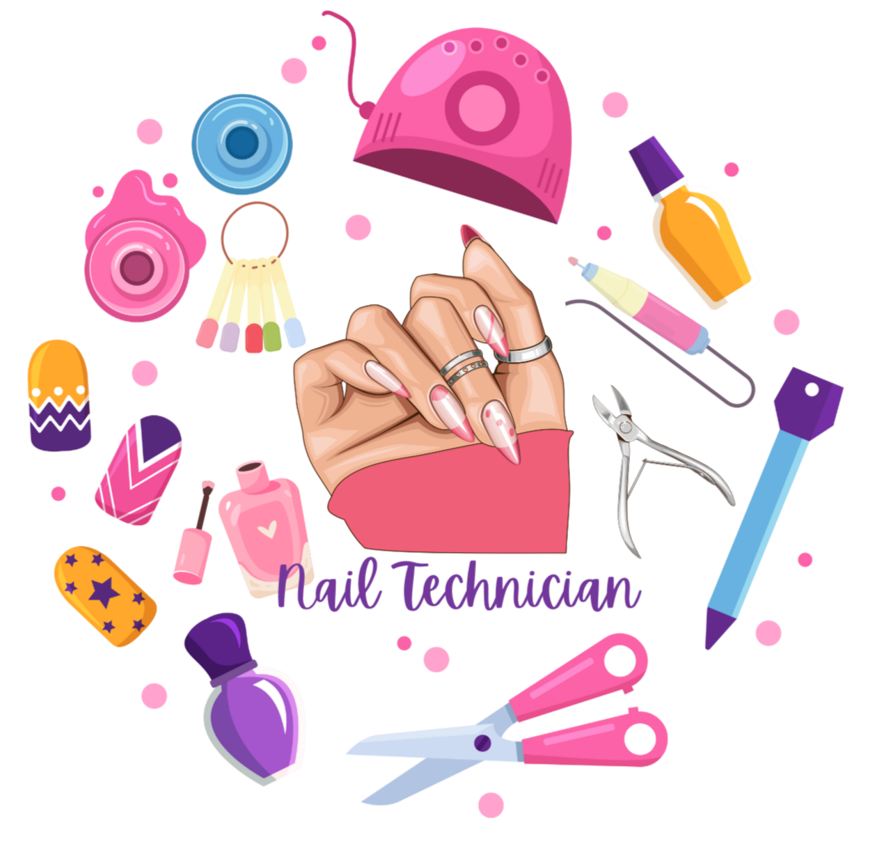 Illustration of nail technician tools and a hand with painted nails on a white background.