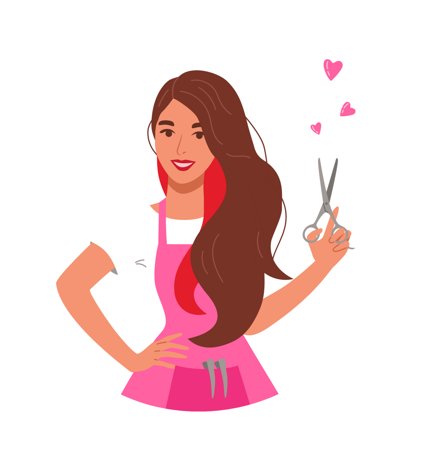 Cartoon character with long hair and scissors on a white background