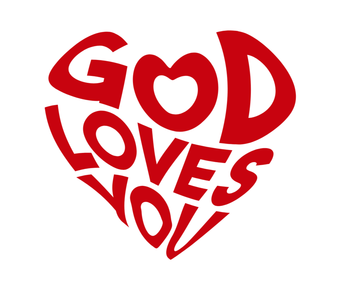 Red heart with 'GOD LOVES YOU' text on a white background
