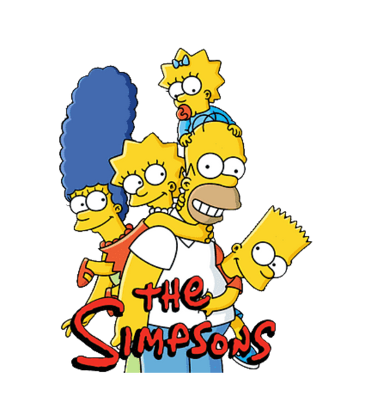 Cartoon characters from 'The Simpsons' with their logo and a smiley face and text on a white background.