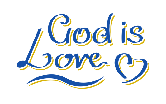 Text 'God is Love' with a heart symbol on a white background