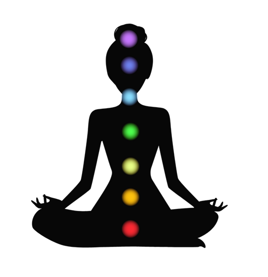 Silhouette of a person in meditation with chakra colors on a white background