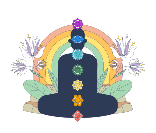 Colorful illustration of a chakra symbol with a rainbow on a white background