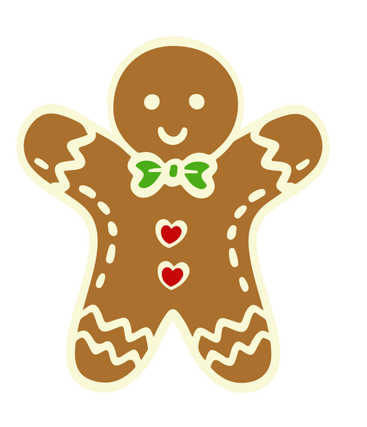 Illustration of a gingerbread man with a bow tie and heart details on a white background