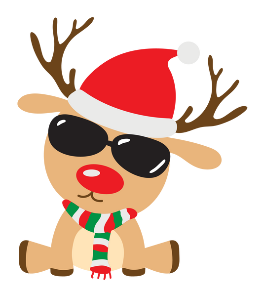 Cartoon reindeer wearing a Santa hat, sunglasses, and a scarf on a white background