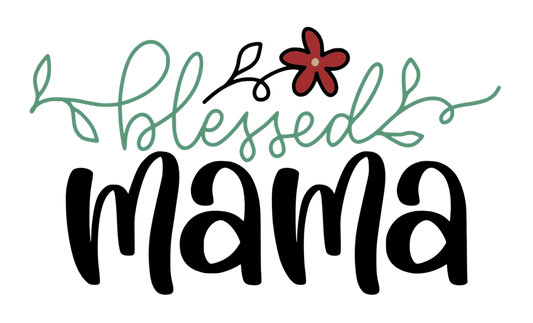 Text 'blessed mama' with decorative elements on a white background