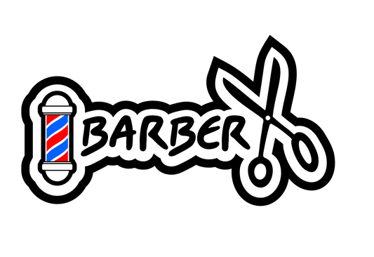 Barber logo with scissors and a striped pole on a white background