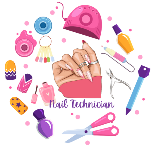 Illustration of nail technician tools and a hand with painted nails on a white background.
