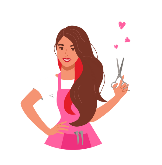 Cartoon character with long hair and scissors on a white background