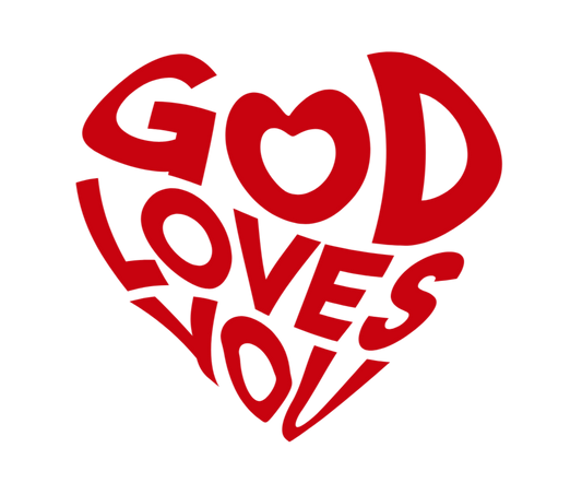Red heart with 'GOD LOVES YOU' text on a white background